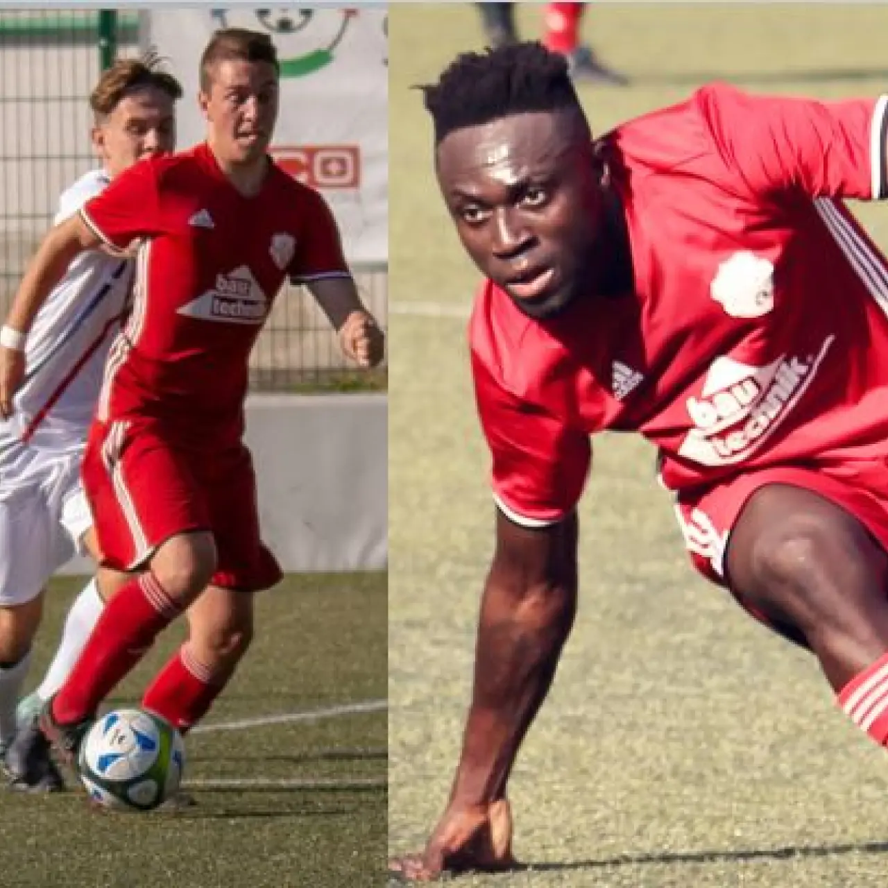 Zwei Spieler des AFC Terlan in roten Trikots mit Bautechnik-Sponsor: links im Zweikampf am Ball, rechts im Laufduell auf dem Platz.