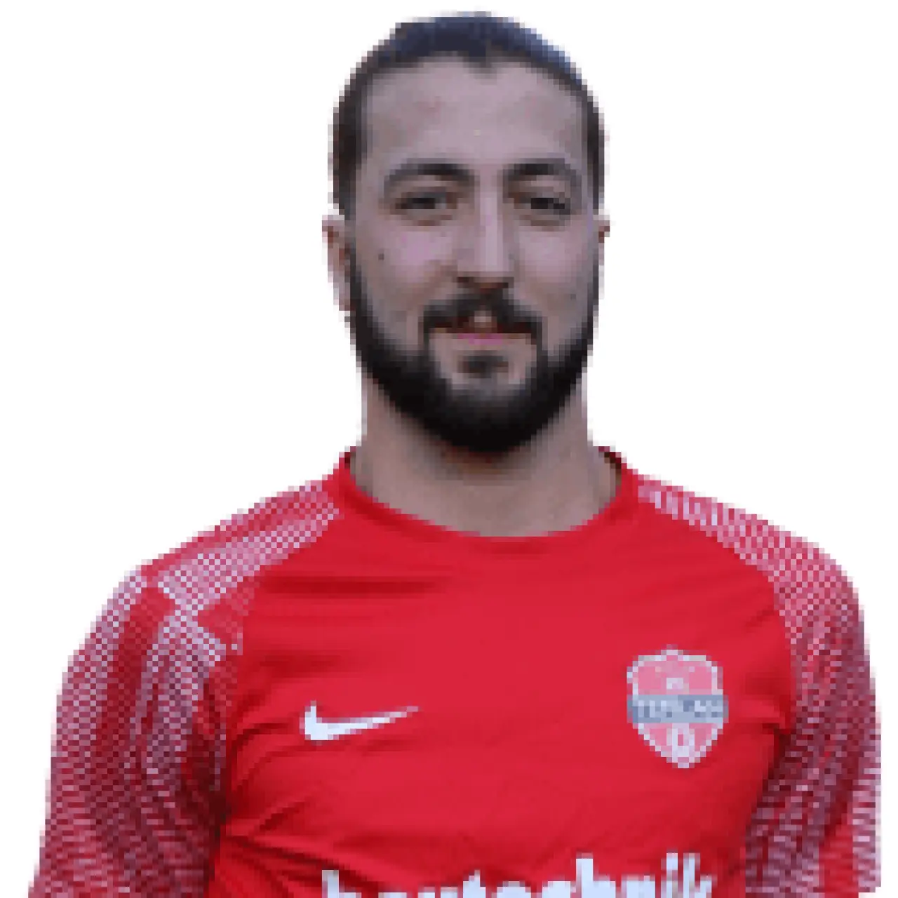 Porträtfoto eines bärtigen Mannes im roten Trikot mit Sponsorenaufdruck "bautechnik" und Vereinswappen des AFC Terlan.