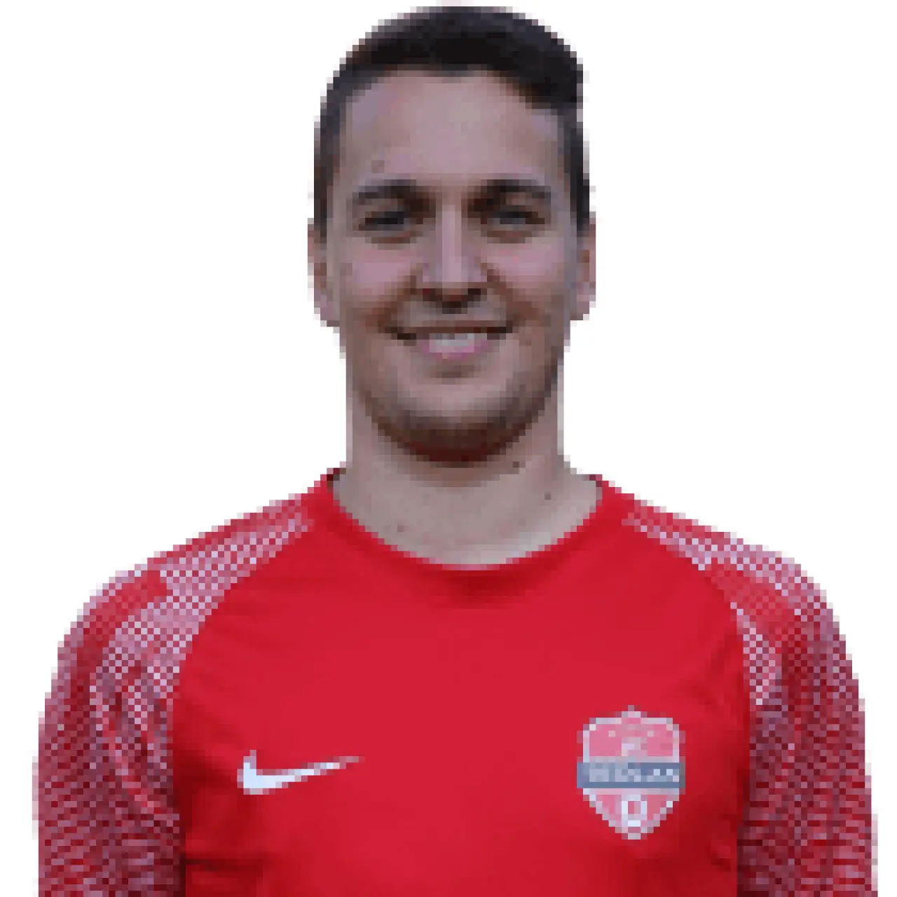 Porträt eines lächelnden Spielers in roten Nike-Trikot mit Vereinslogo und Schriftzug bautechnik, AFC Terlan.