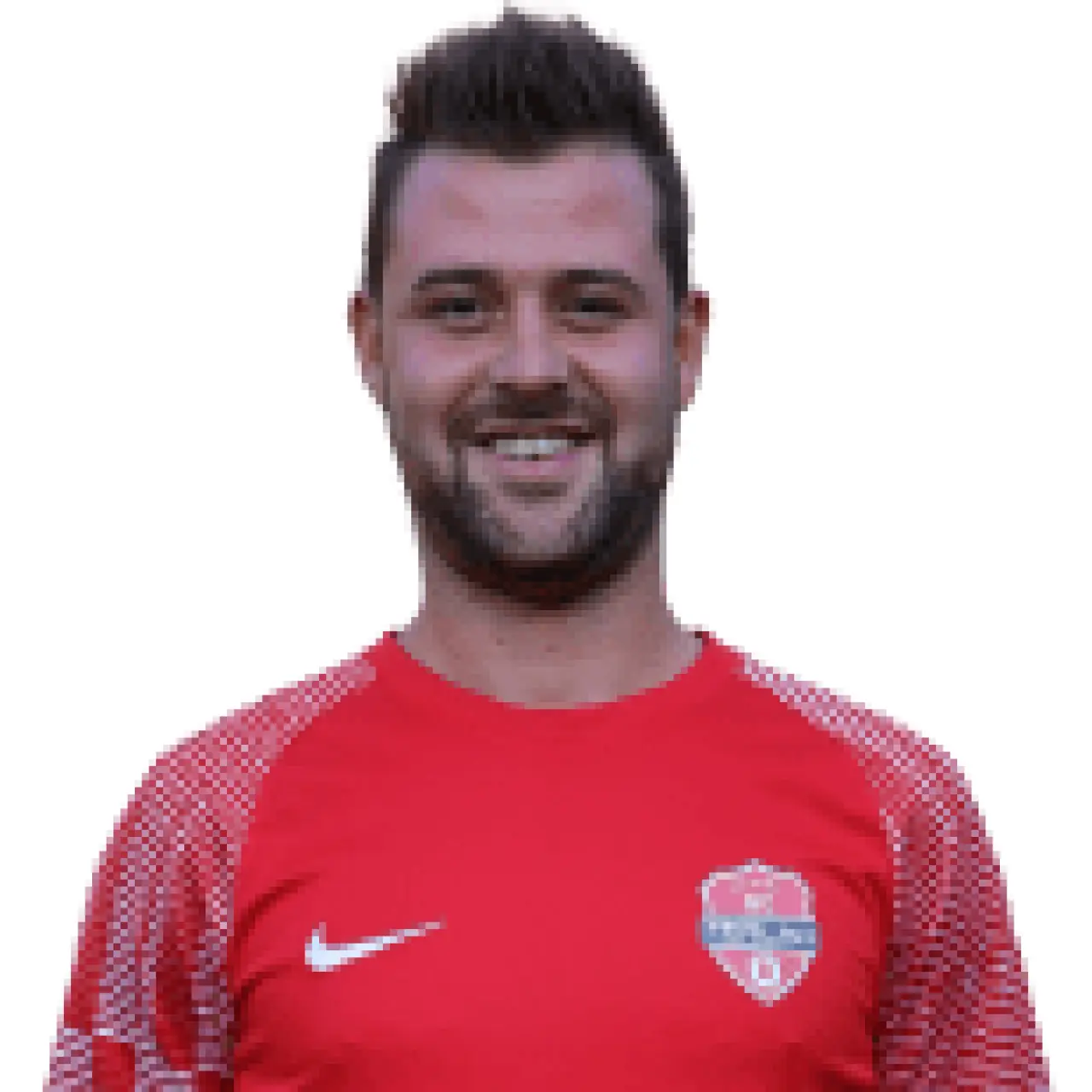 Porträtfoto eines lächelnden Spielers in roter Trikot mit Nike-Logo und Sponsor bautechnik, AFC Terlan.