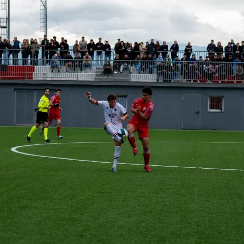 Spielszene: Zwei Spieler kämpfen in Weiß-Blau und Rot um den Ball, im Hintergrund Schiedsrichter und Zuschauer.